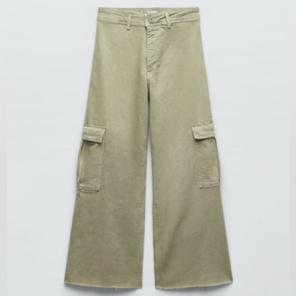ZARA | Marine Sailor Wide Leg Cargo Jeans Pants Denim in Green | SIZE 0